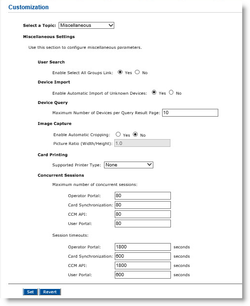 Customization page of Configuration tab with Miscellaneous topic selected and various fields to set